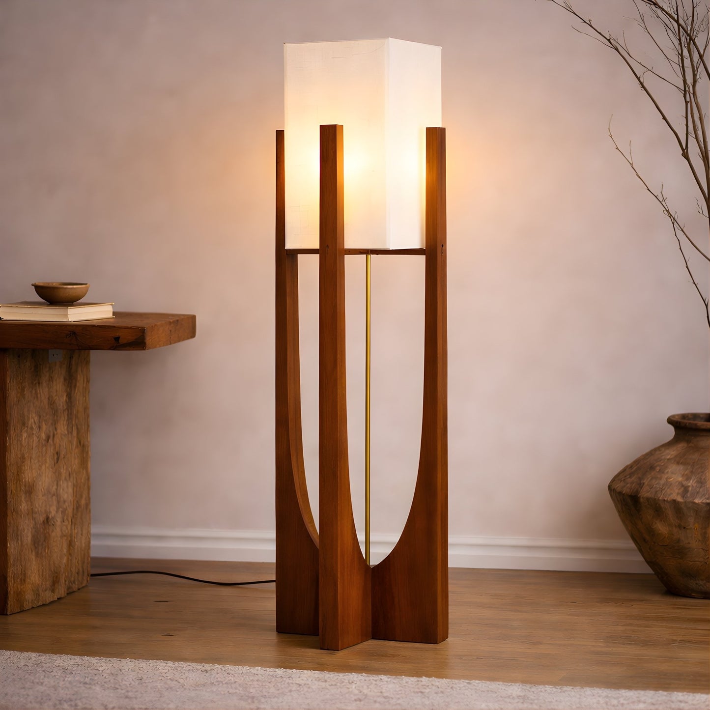Wabi Sabi Walnut Wood Floor Lamp – Japandi Sculptural Statement Light