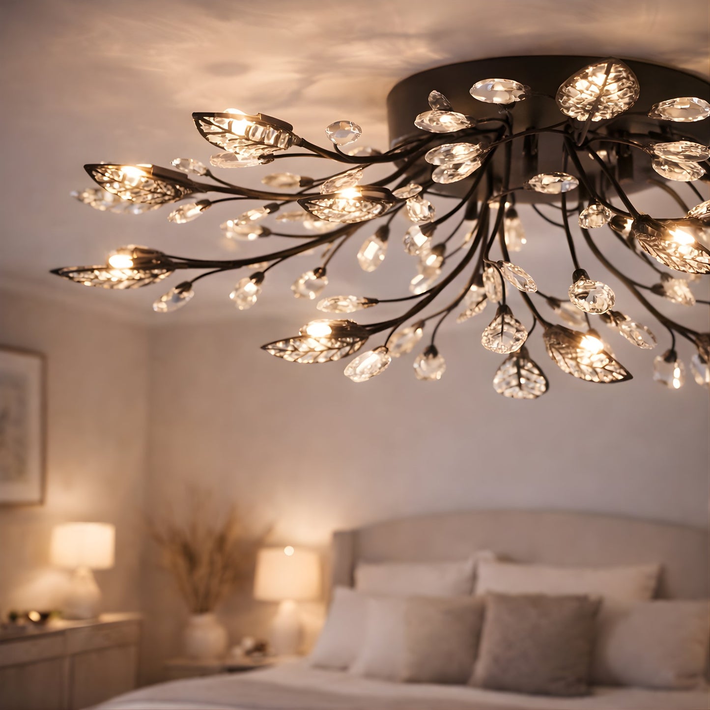 Crystal Leaf Chandelier – Modern Flush Ceiling Light