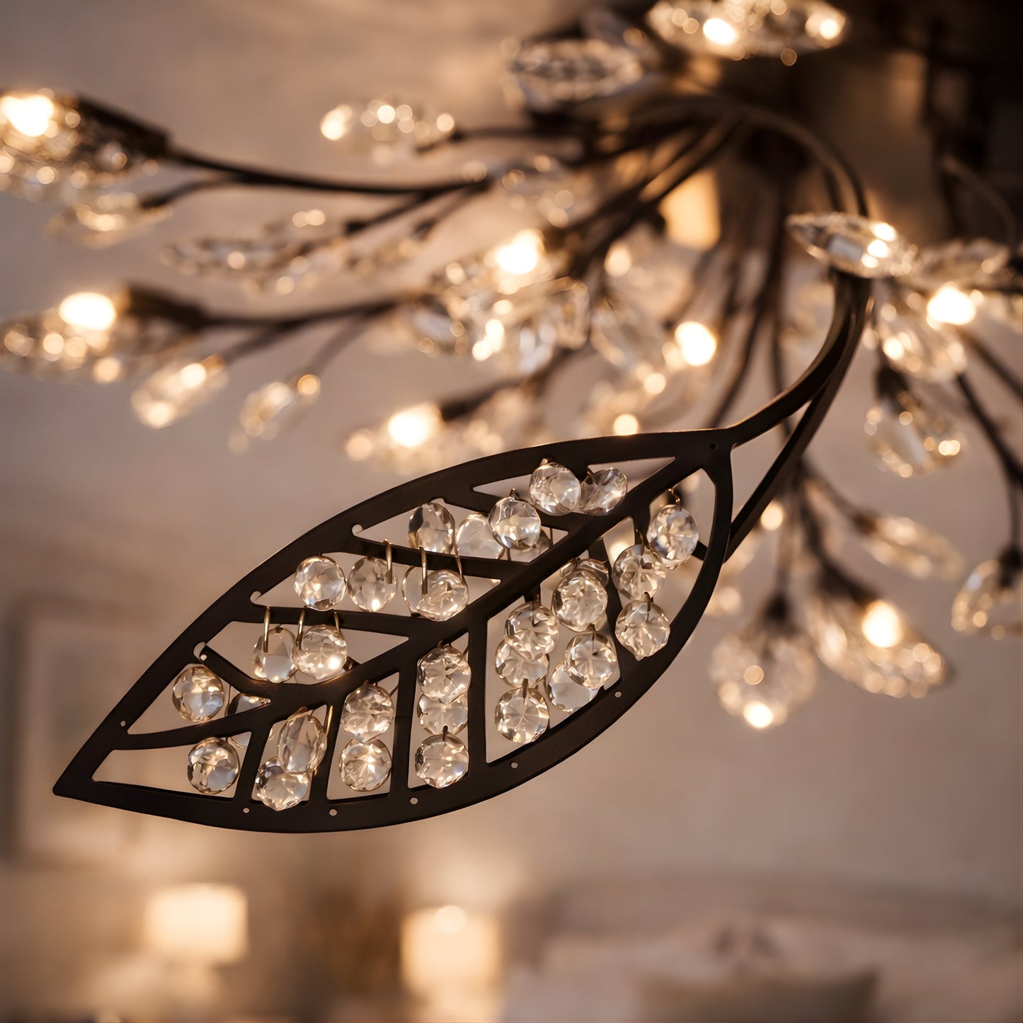 Crystal Leaf Chandelier – Modern Flush Ceiling Light