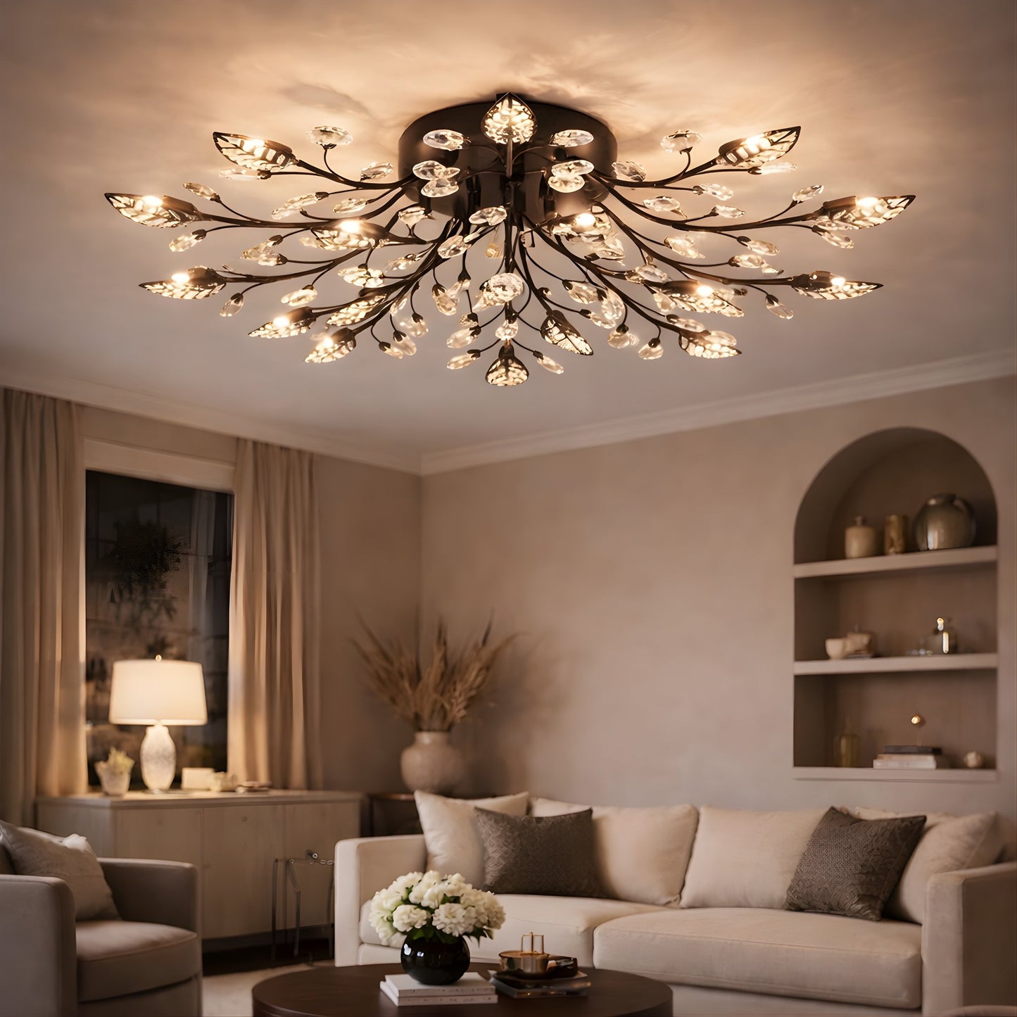 Crystal Leaf Chandelier – Modern Flush Ceiling Light
