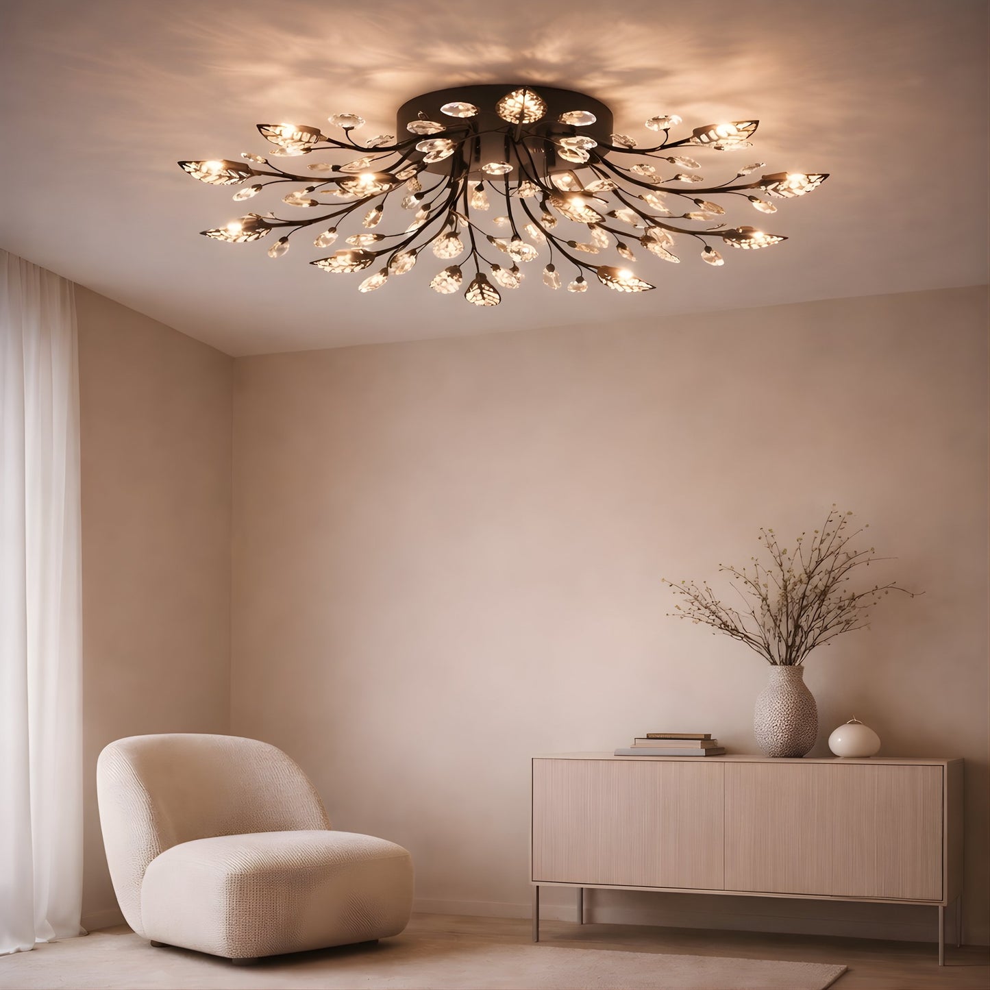 Crystal Leaf Chandelier – Modern Flush Ceiling Light